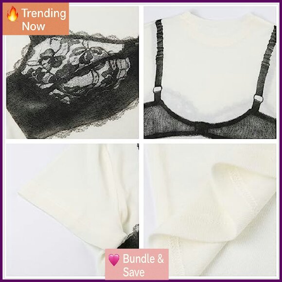 Y2K Loose Crop Top Lace Corset Print Short Sleeve Tee Streetwear - Picture 7 of 7